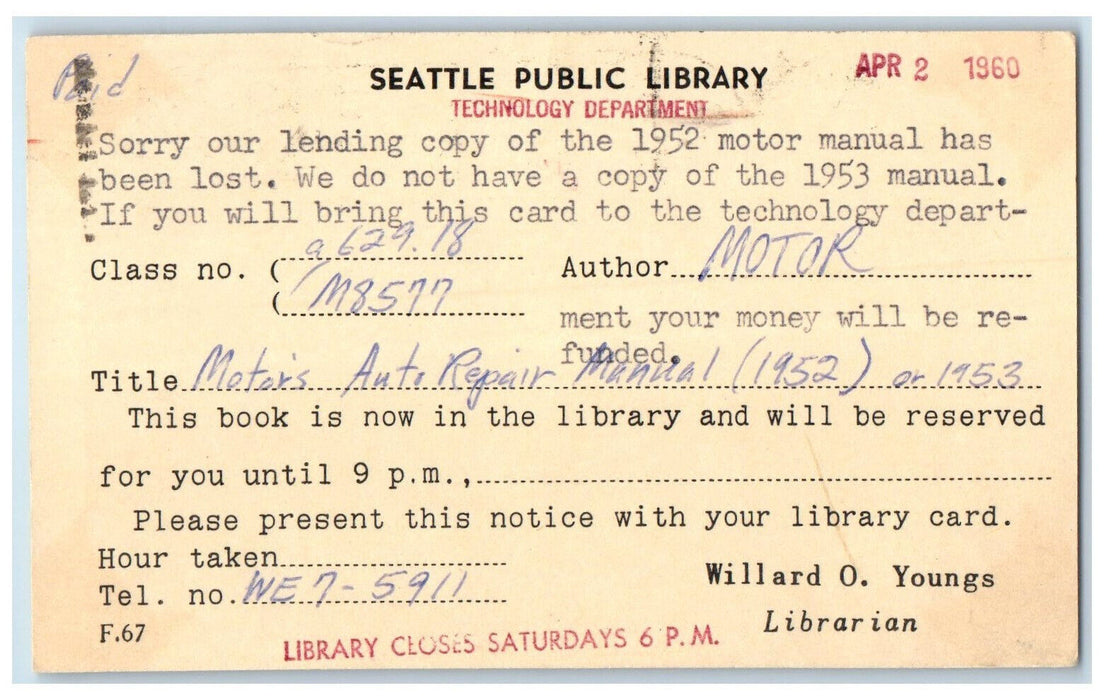 1960 Seattle Public Library Technology Department Washington WA Postal Card