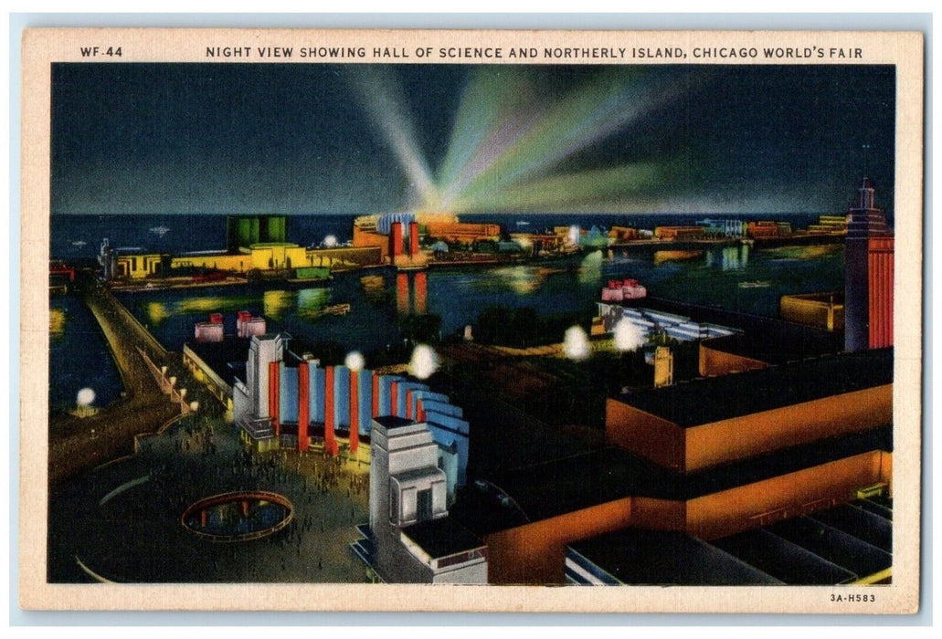 c1940 Night View Hall Science Northerly Island Fair Chicago Illinois IL Postcard