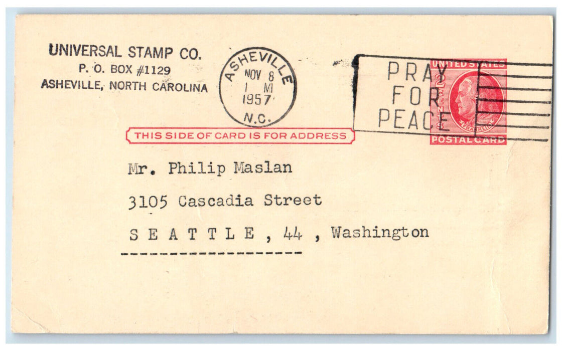 1957 75% Off Offer Universal Stamp Co. Asheville North Carolina NC Postal Card