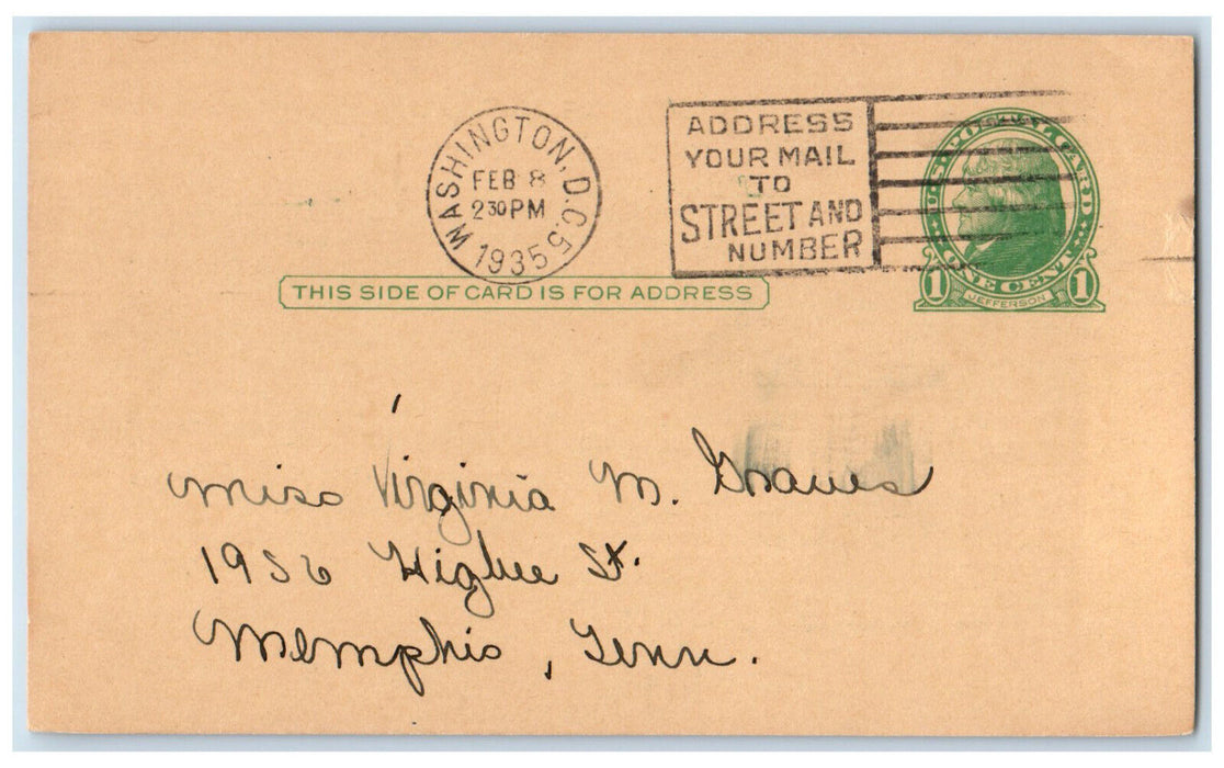 1935 Media Research Bureau Manuscript of Graves Family Washington DC Postal Card