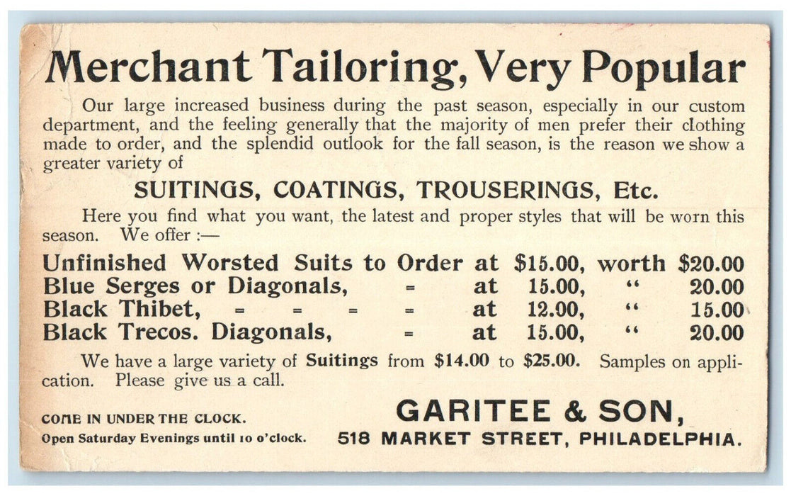 1902 Mertchant Tailoring Garitee & Son Coatings Philadelphia PA Postal Card