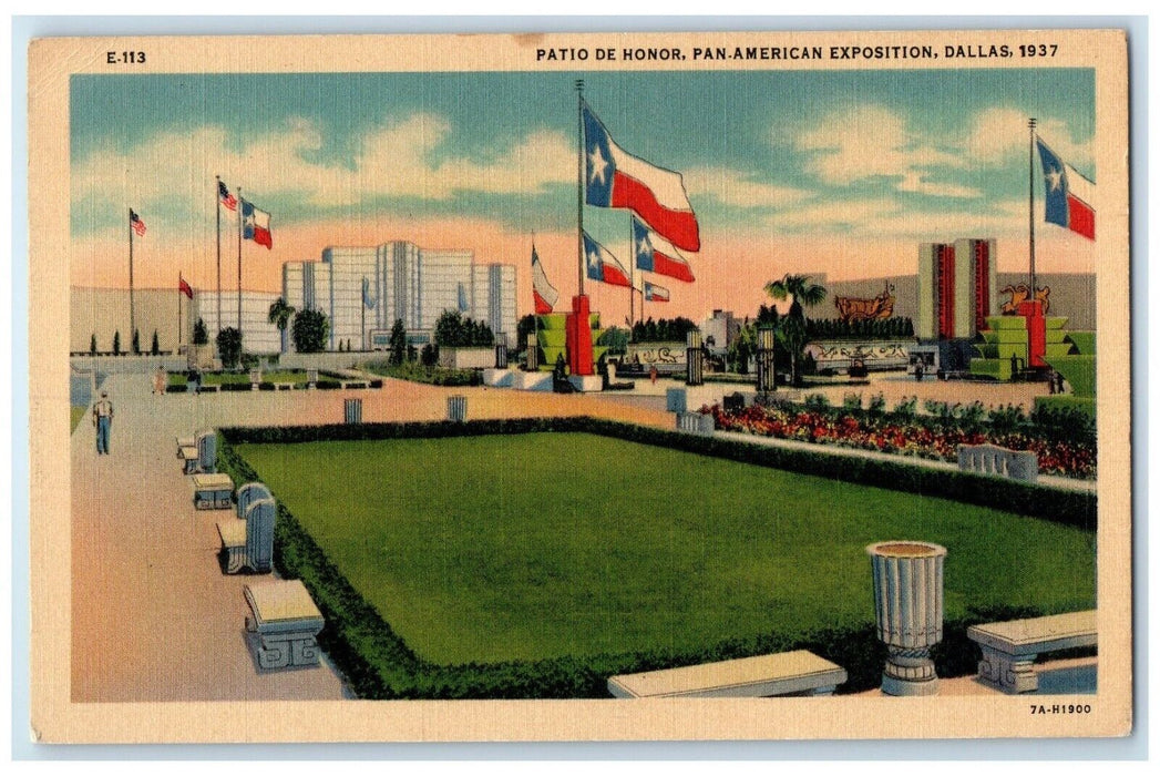 1937 Patio De Honor Exterior Flag Field Pan-American Exposition Dallas Postcard