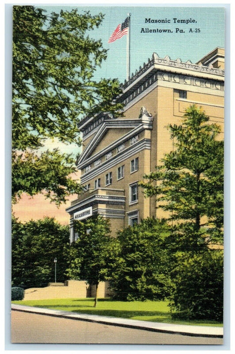 c1940 Exterior View Masonic Temple Building Allentown Pennsylvania PA Postcard