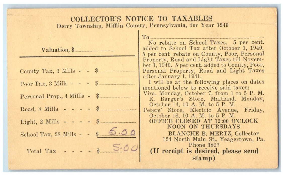 1940 Collector's Notice to Taxables Derry Township Mifflin PA Postal Card