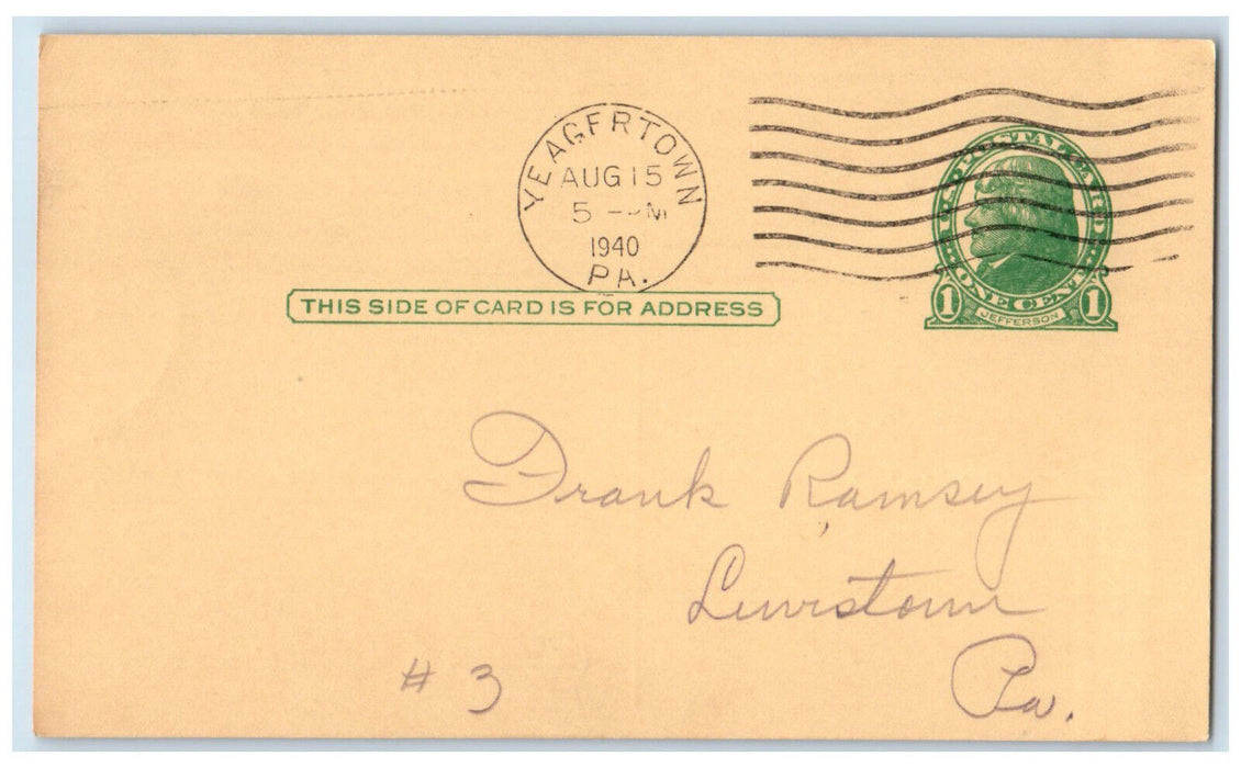1940 Collector's Notice to Taxables Derry Township Mifflin PA Postal Card