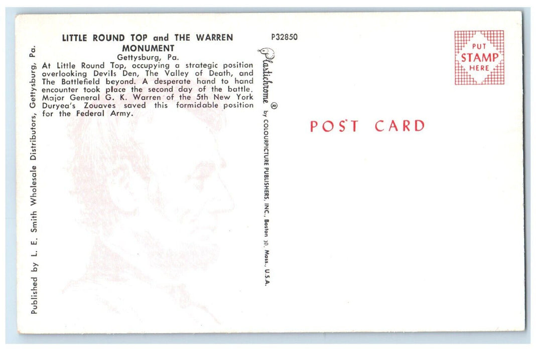 c1960 Warren Monument Little Round Top Gettysburg Pennsylvania Unposted Postcard