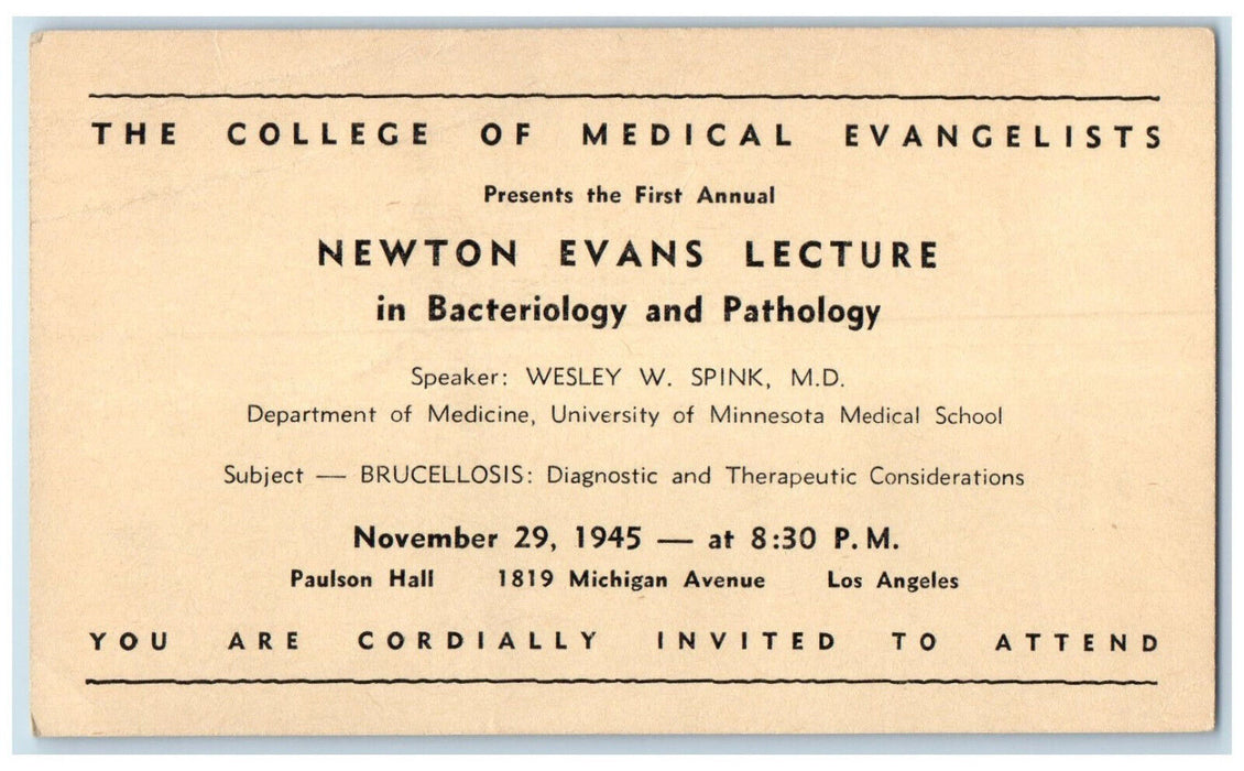 1945 College of Medical Evangelists Newton Evans Lecture CA Postal Card