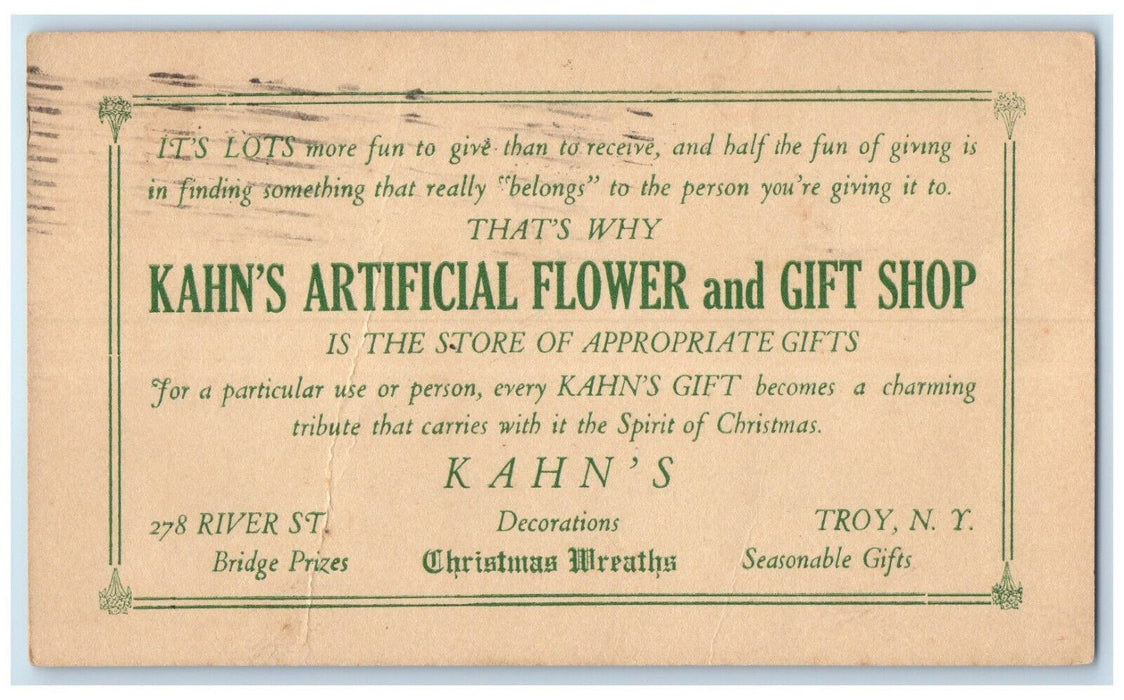 1928 Kahn's Artificial Flower and Gift Shop Troy New York NY Postal Card