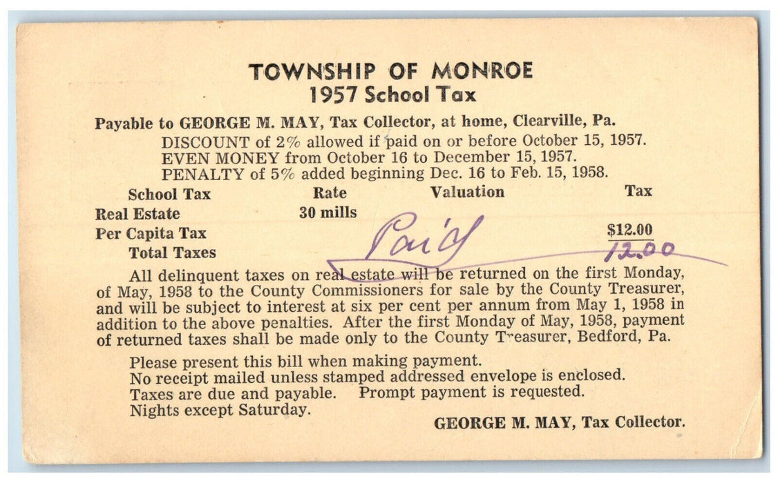 1957 Township of Monroe School of Tax Clearville Pennsylvania PA Postal Card