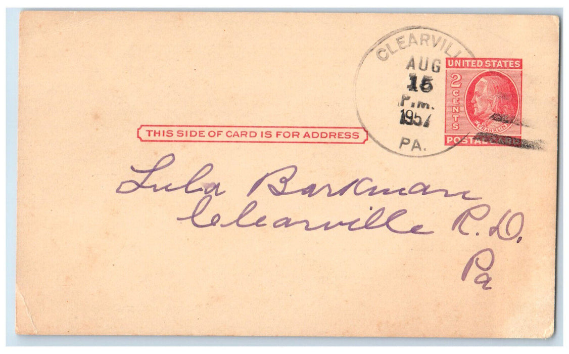 1957 Township of Monroe School of Tax Clearville Pennsylvania PA Postal Card