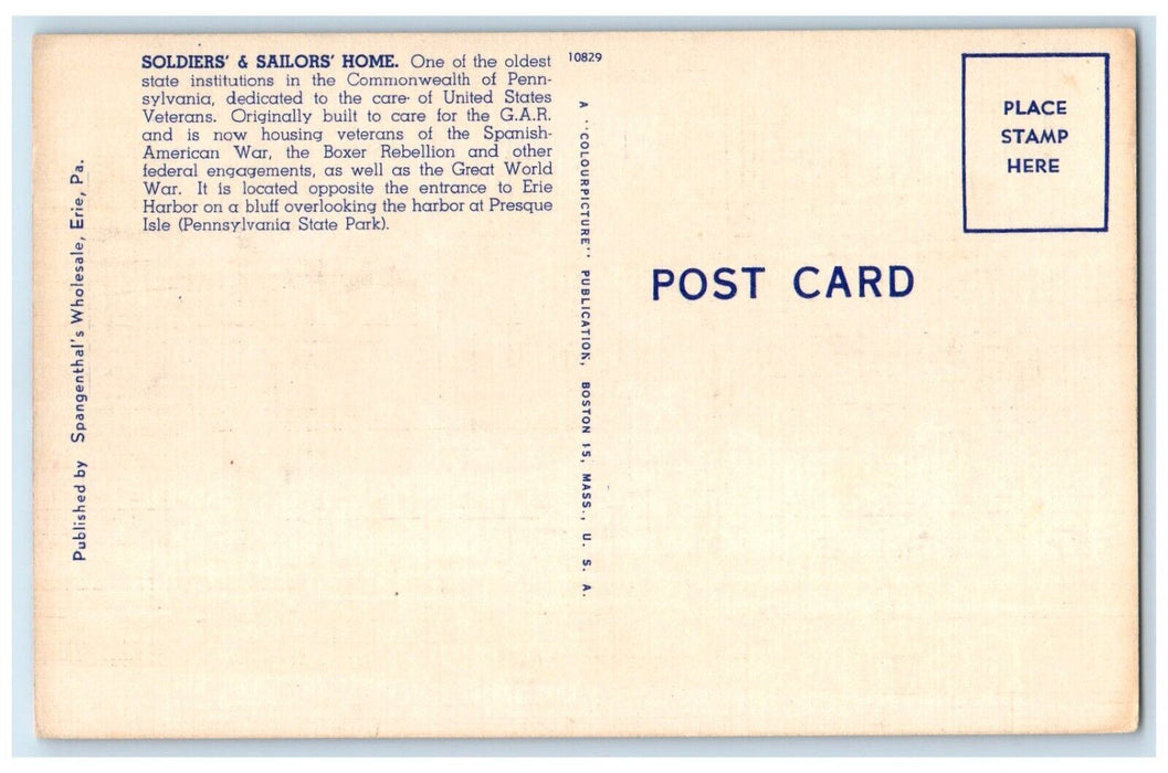 c1940 Exterior View Soldiers Sailors Home Erie Pennsylvania PA Unposted Postcard