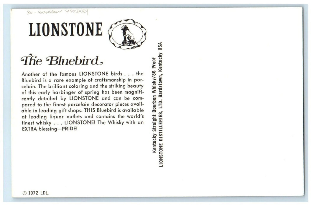 Lionstone Bourbon Whiskey The Bluebird Craftmanship In Porcelain Postcard