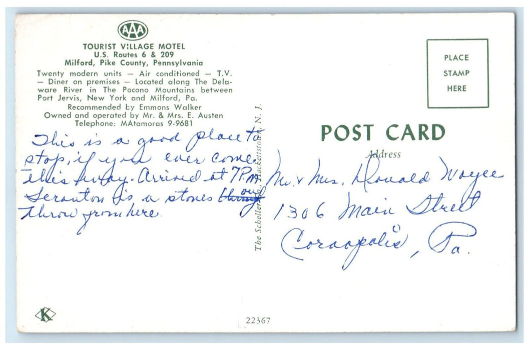 c1960 Tourist Village Motel Milford Exterior Pike County Pennsylvania Postcard