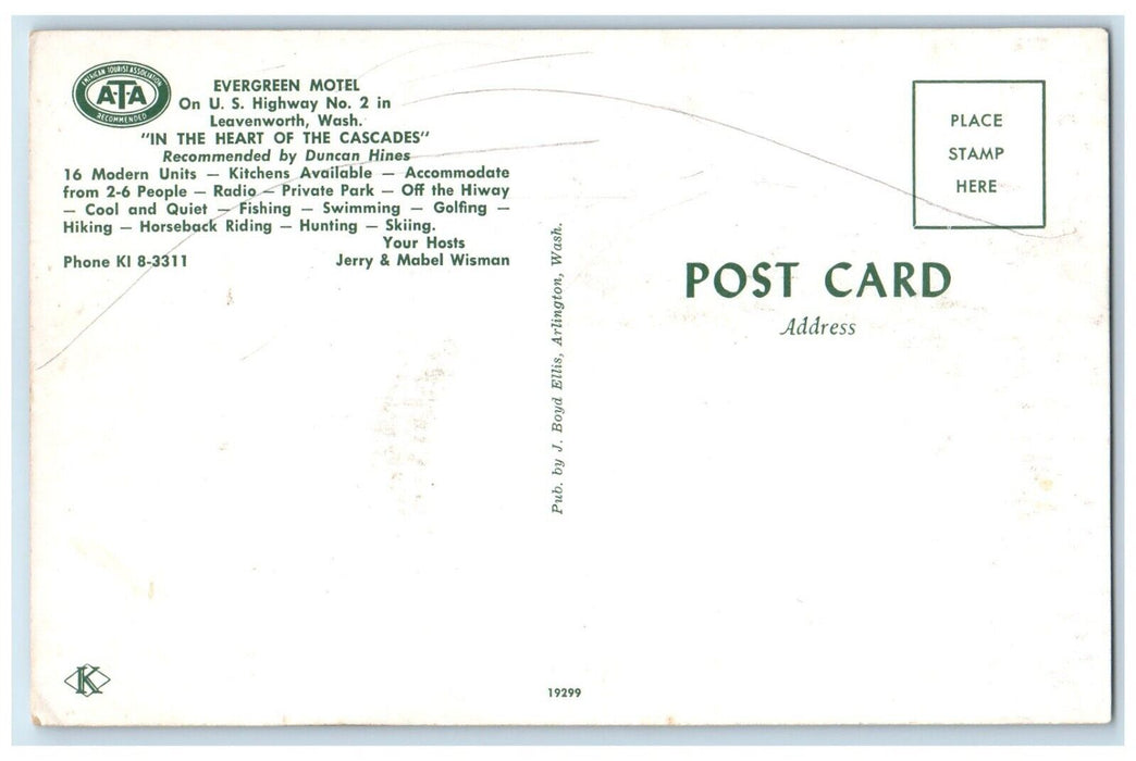 c1960 Evergreen Motel Highway Heart Cascades Leavenworth Washington WA Postcard