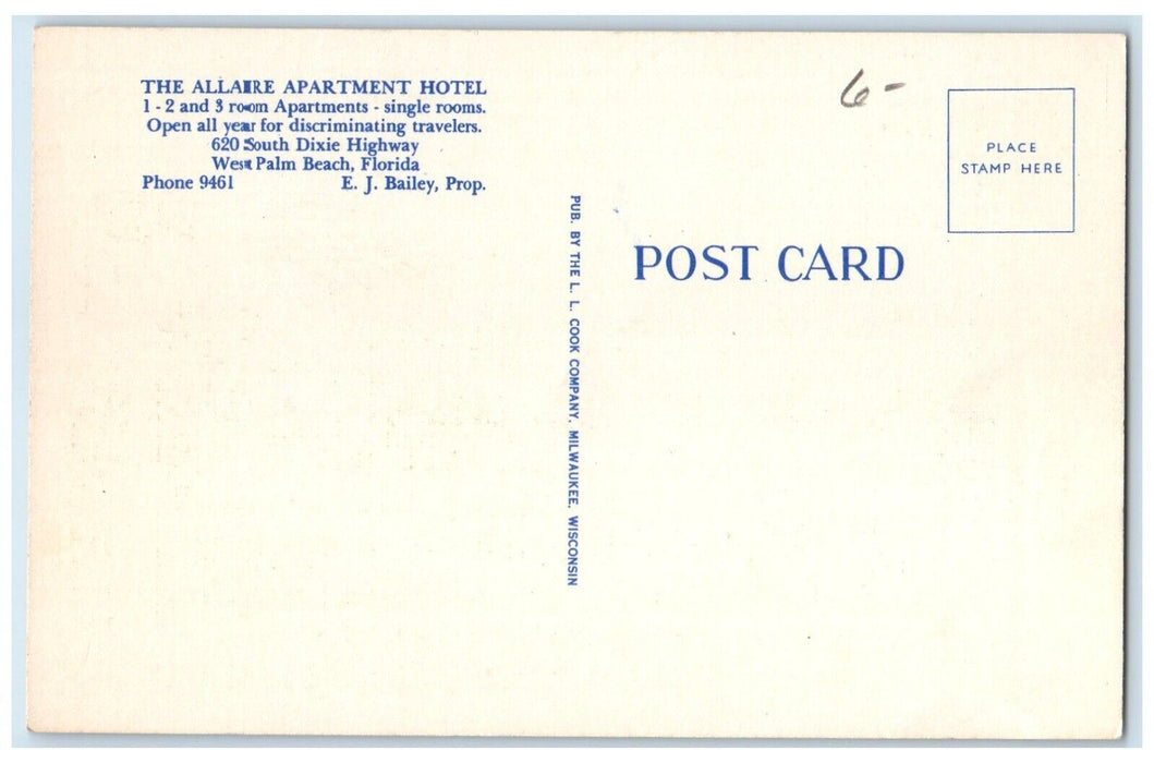 c1940 Allaire Apartment Hotel South Dixie West Road Palm Beach Florida Postcard