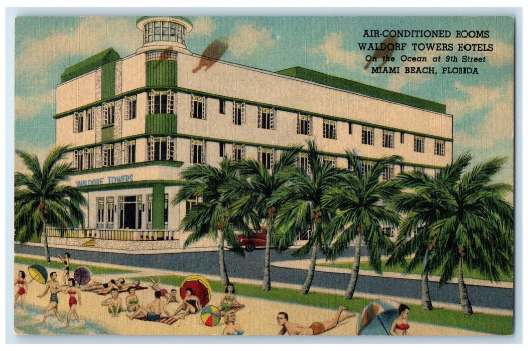 c1940 Air-Conditioned Rooms Waldorf Towers Hotels Miami Beach Florida Postcard