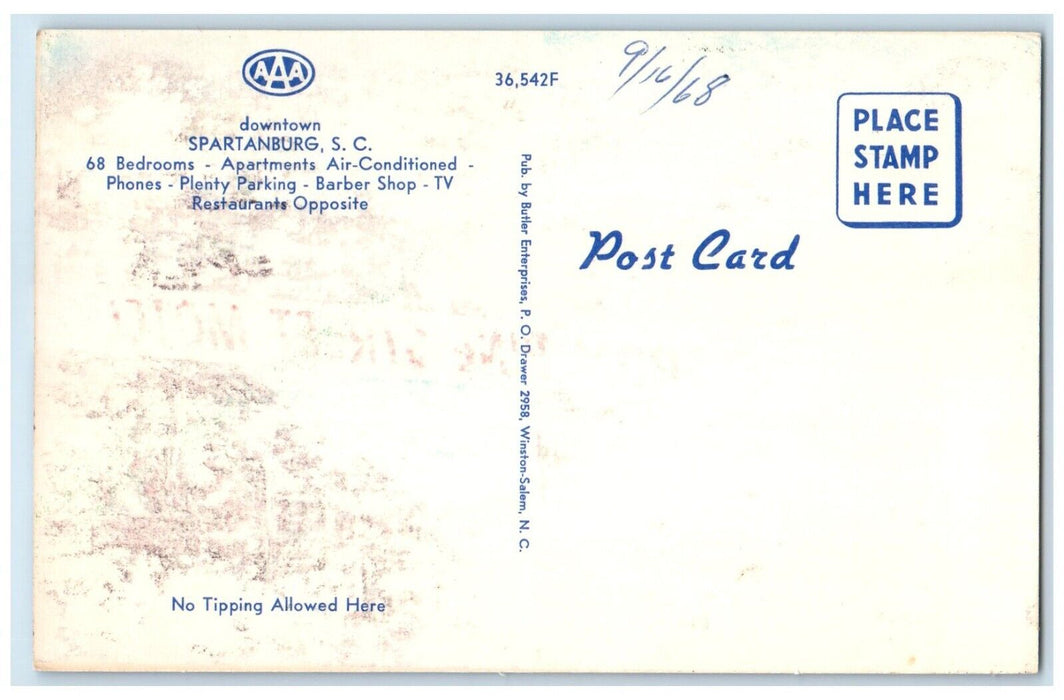 c1960 Greetings  Pine Street Motel Downtown Spartanburg South Carolina Postcard
