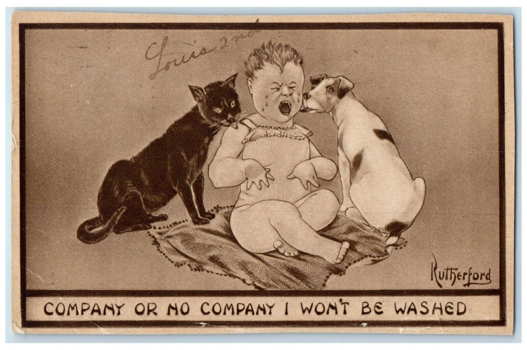 1910 Toddler Crying Cat Dog Company Or No Company Atlantic City NJ Postcard