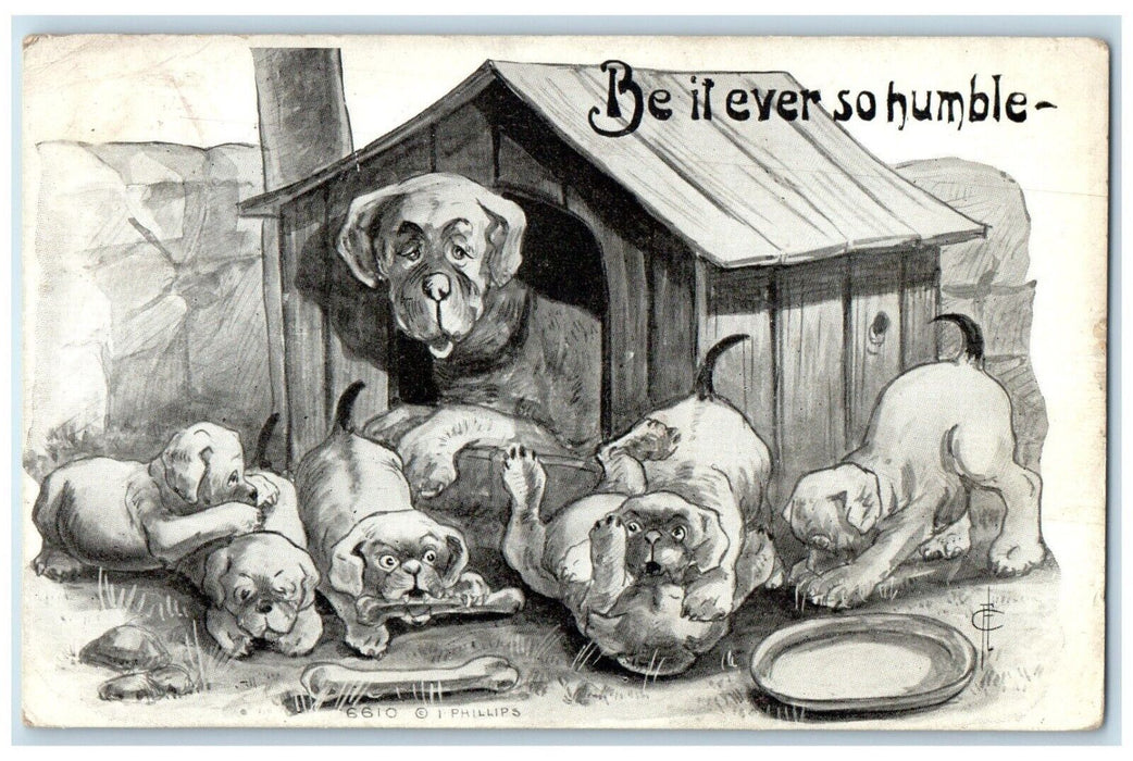 1910 Dog House Puppies Eating Bone Lohrville Iowa IA Posted Antique Postcard