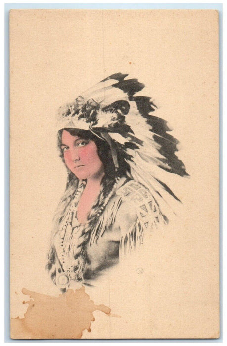 c1910's Indian Woman Headdress Feather Traditional Costume Antique Postcard
