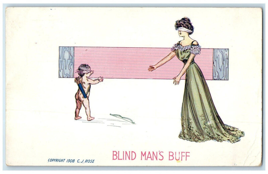 c1910's Pretty Woman Blind Folded Cupid Angel Blinds Man's Buff Antique Postcard