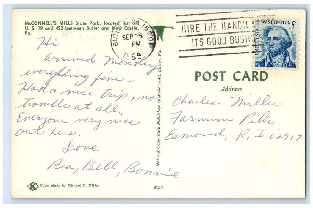 1969 McConnell's Mills State Park Butler Lake New Castle Pennsylvania Postcard