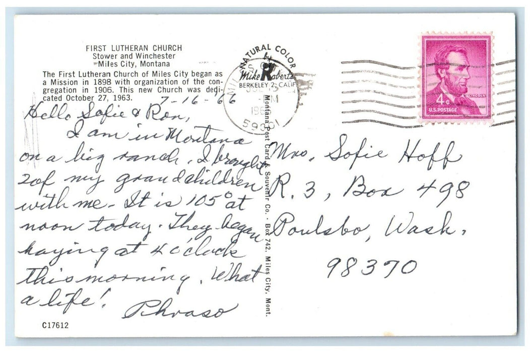 1966 First Lutheran Church Stower Winchester Chapel Miles City Montana Postcard
