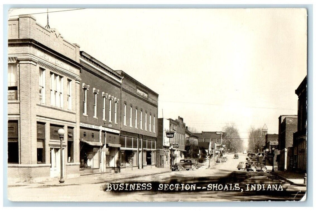 c1950's Business Section Street Cafe Cars View Shoals Indiana IN RPPC Postcard