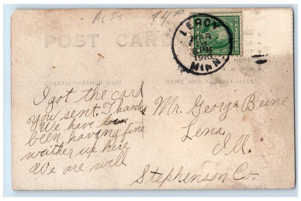 1916 Main Street Drug Store Hotel Palmer's LeRoy MN RPPC Photo Posted Postcard