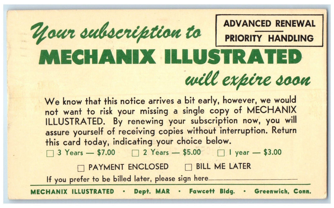 1957 Your Subscription to Mechanix Illustrated Greenwich CT Postal Card