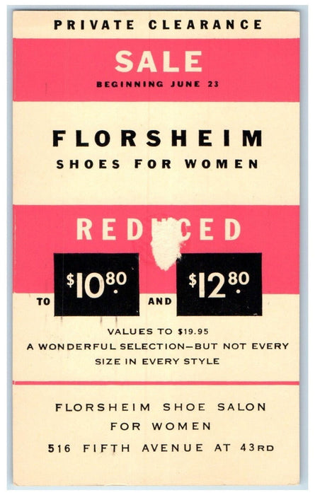 1952 Private Clearance Sale Florsheim For Women New York NY Postal Card