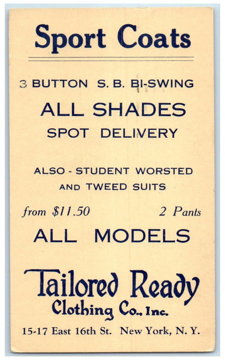 1939 Sport Coats Tailored Ready Clothing Co. Inc. New York NY Postal Card