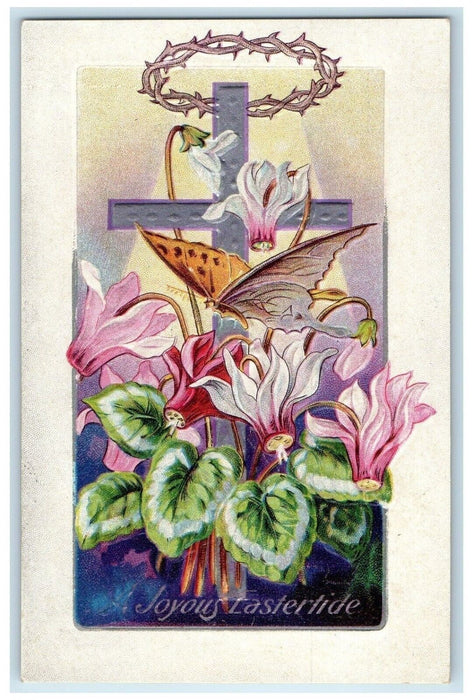 c1910's Easter Holy Cross Crown Flowers And Butterfly Embossed Antique Postcard