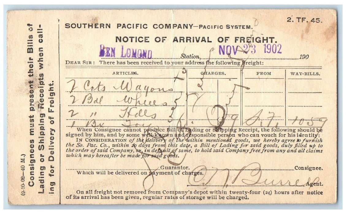 1902 Southern Pacific Company Pacific System Ben Lomond CA Postal Card