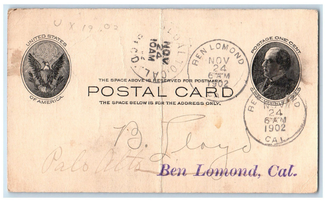 1902 Southern Pacific Company Pacific System Ben Lomond CA Postal Card