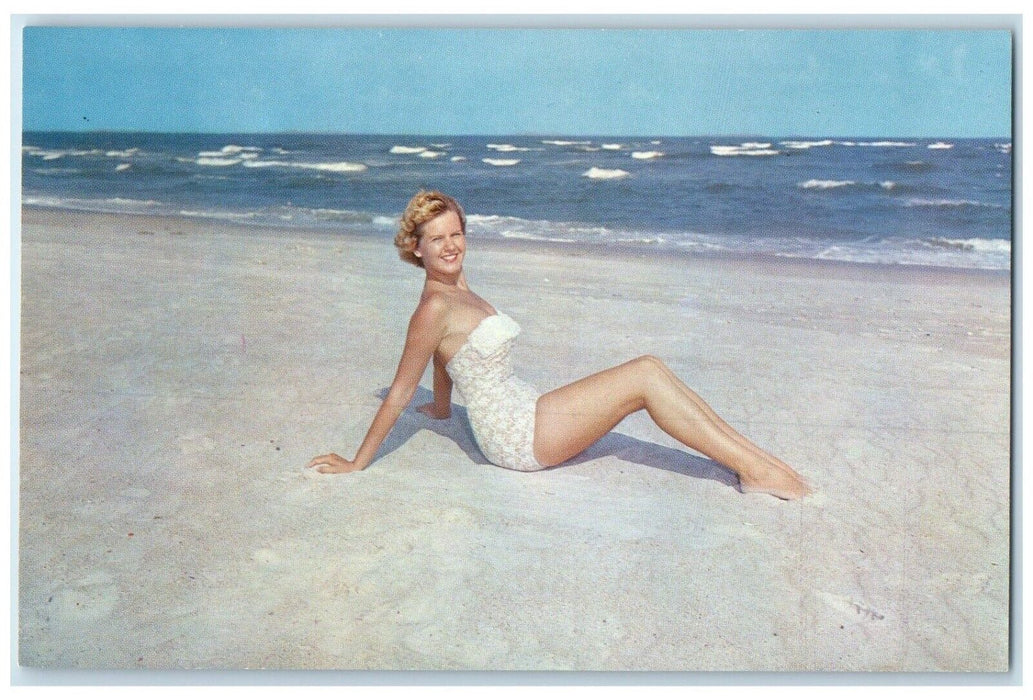 c1950's Pretty Woman Swimsuit In White Sand Beach North Carolina NC Postcard