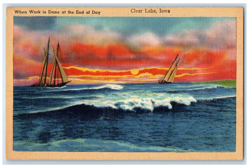 c1930's Sunset View And Sailboat Clear Lake Iowa IA Unposted Vintage Postcard