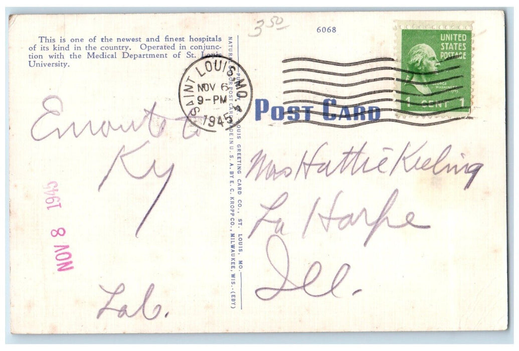 1945 Desloge Hospital Building St. Louis Missouri MO Posted Vintage Postcard