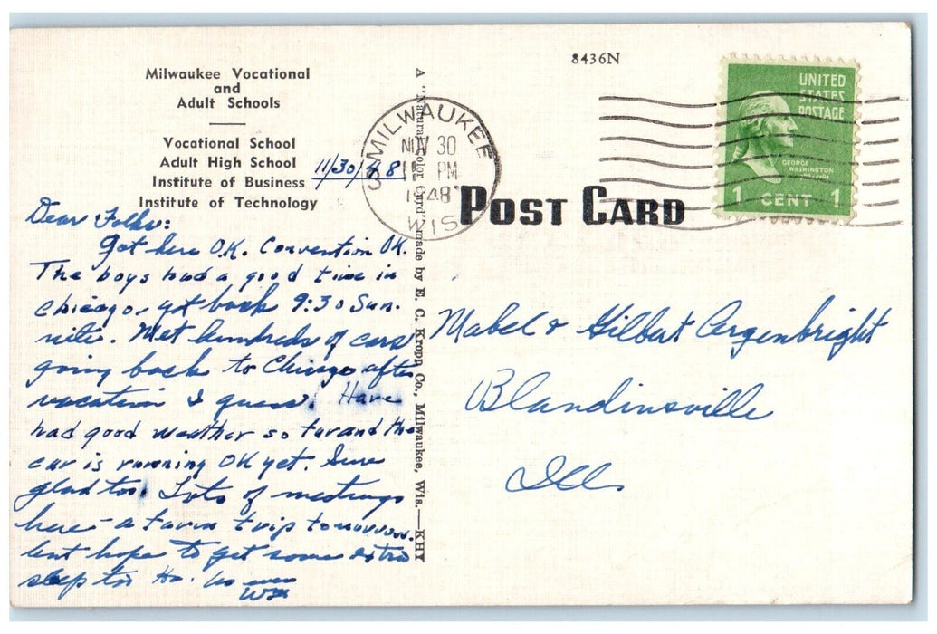 1948 Milwaukee Vocational And Adult Schools Building Cars Milwaukee WI Postcard