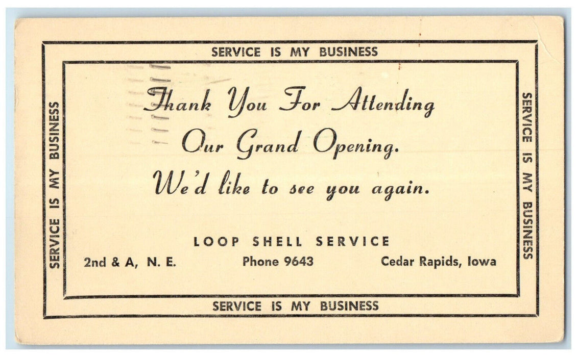 c1940's Thank you Message Grand Opening Loop Shell Service Iowa IA Postal Card