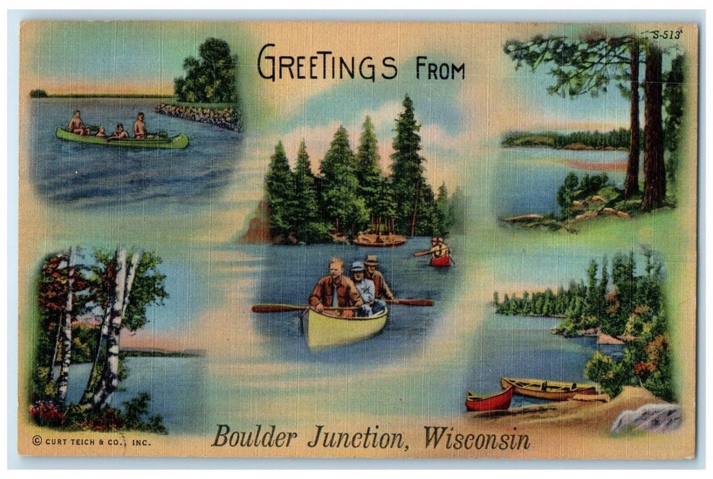 1942 Greetings From Boulder Junction Wisconsin WI Multiview Vintage Postcard