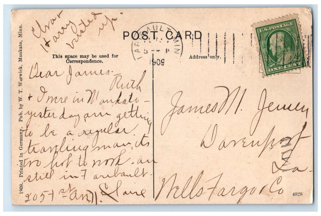 1909 Bradley Falls Waterfalls Mankato Minnesota MN Posted Antique Postcard