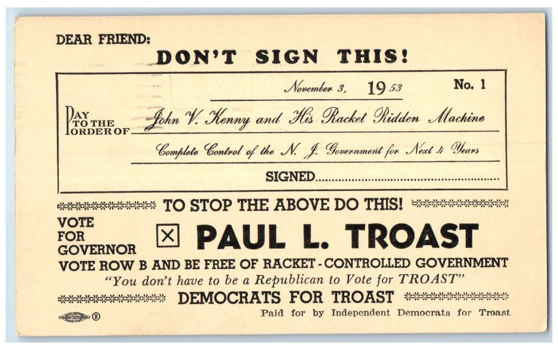 1953 Vote for Governor Democrats For Paul L Trost Jersey City NJ Postal Card