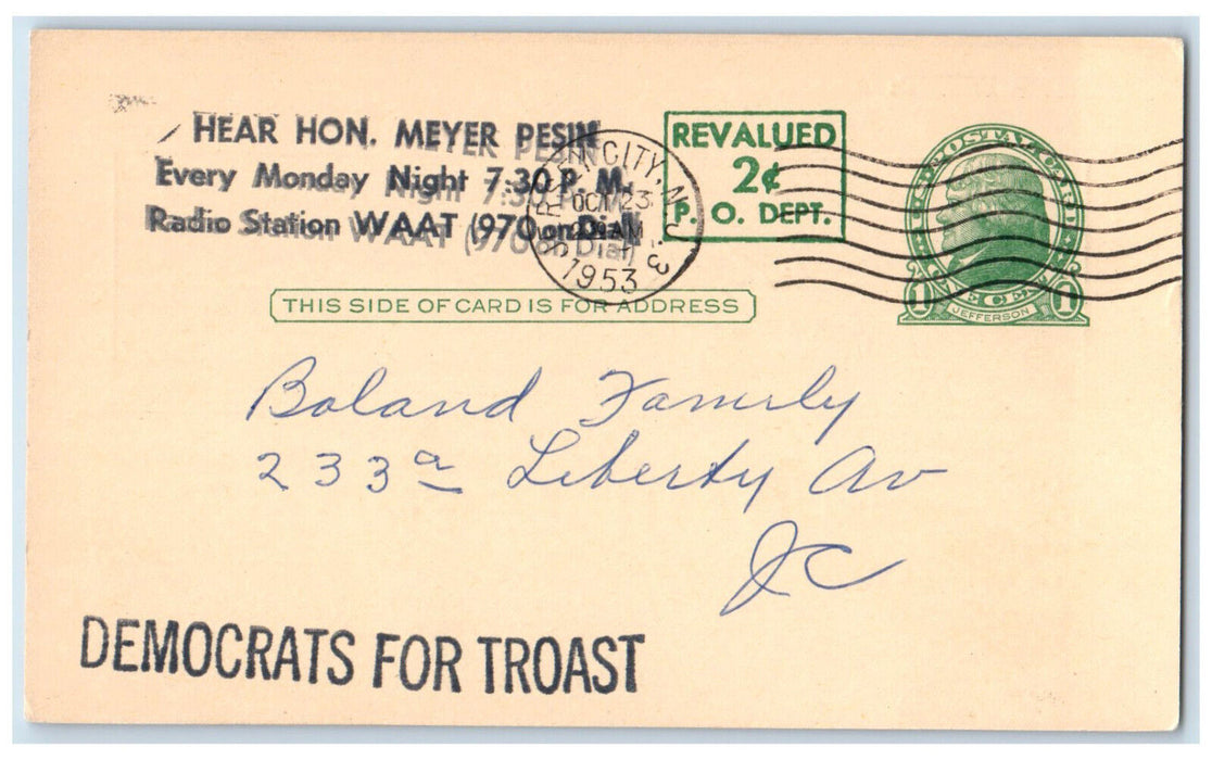 1953 Vote for Governor Democrats For Paul L Trost Jersey City NJ Postal Card