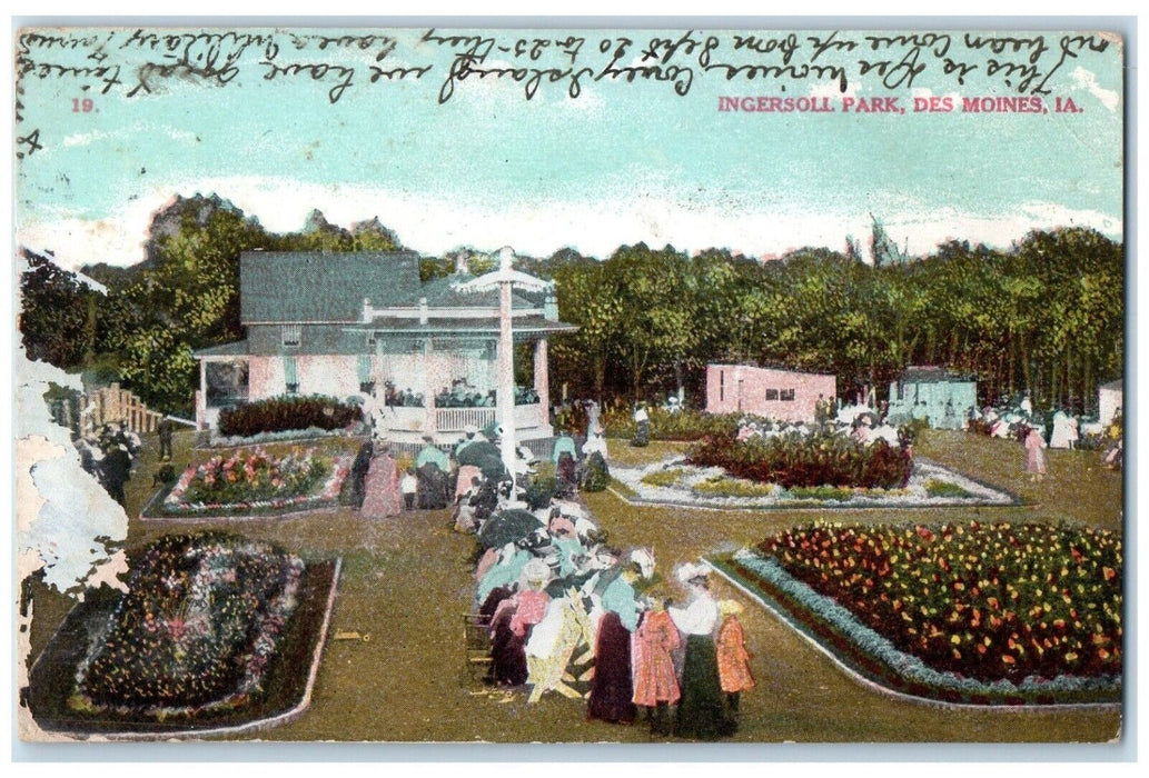 1909 Ingersoll Park Flowers Scene Des Moines Iowa IA Posted Antique Postcard