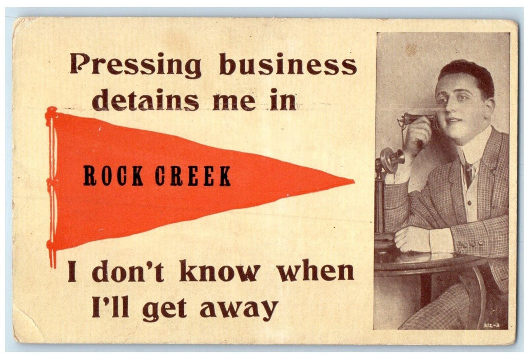 1913 Man Telephone Rock Creek Minnesota MN Pennant Posted Antique Postcard