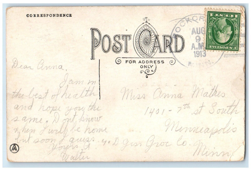 1913 Man Telephone Rock Creek Minnesota MN Pennant Posted Antique Postcard