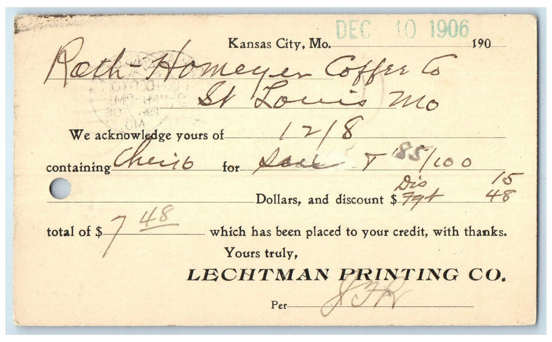 1906 Lechtman Printing Co. Kansas City Missiouri MO Antique Posted Postal Card