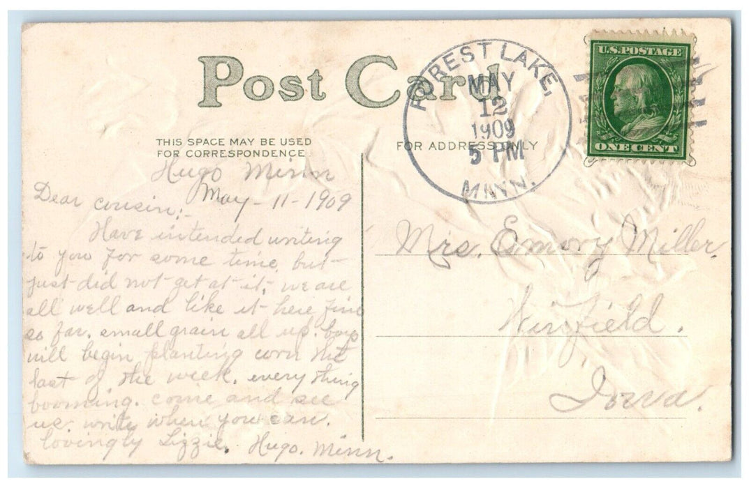 1909 Greetings From Forest Lake Minnesota MN Embossed Posted Antique Postcard