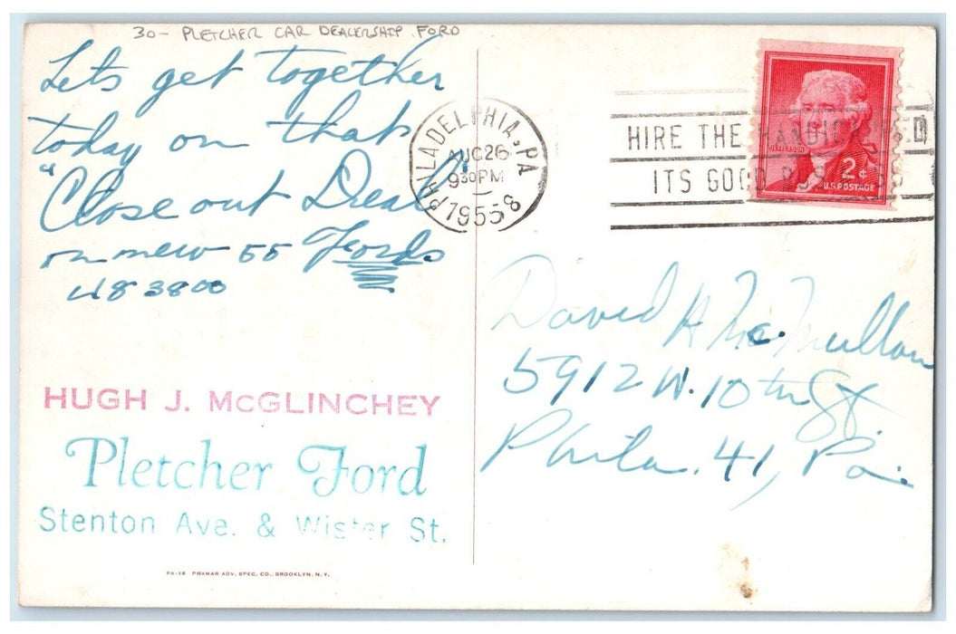 1955 Pletcher Car Dealership Ford Advertising Philadelphia PA Vintage Postcard